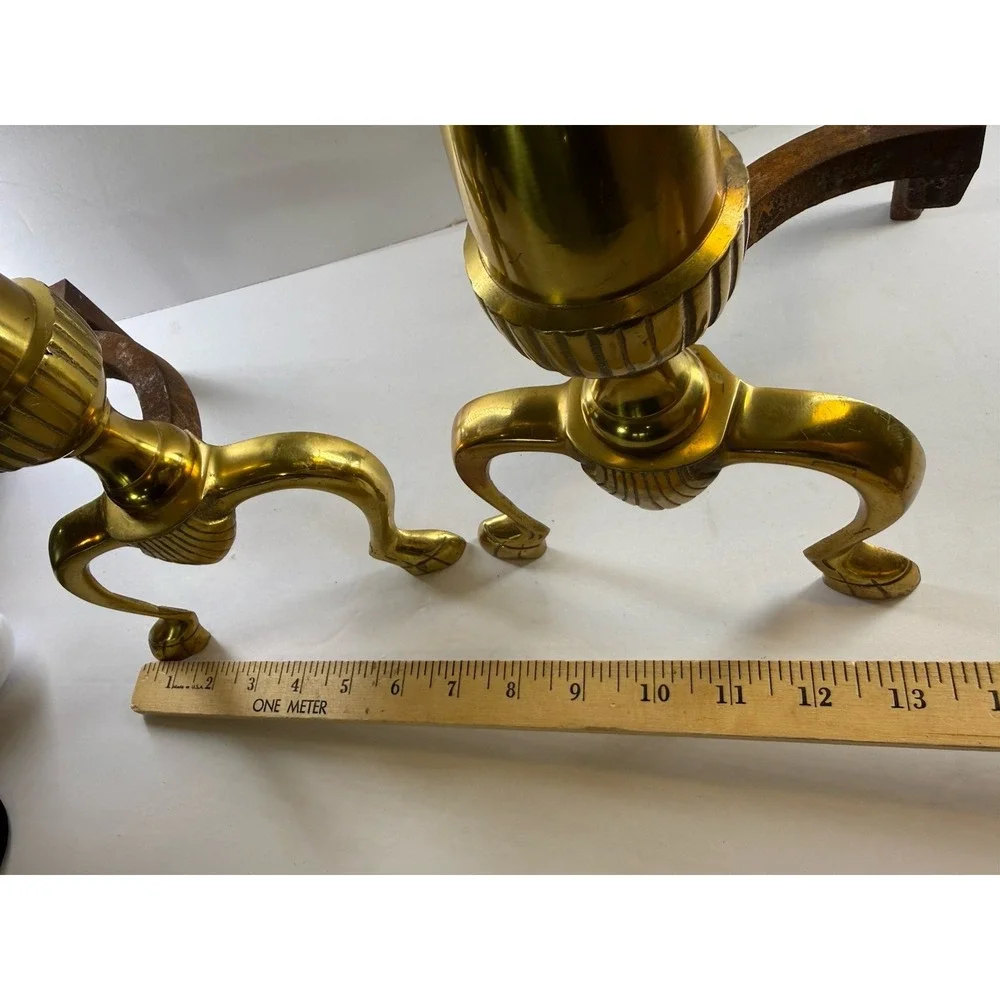 Vintage Pair Federal Style Brass & Iron Andirons Fire Dogs ~19